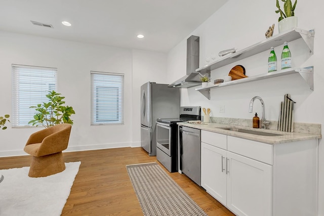 1056E 2nd Ave S, Nashville, TN 37210 - kitchen with exhaust hood, a sink, appliances with stainless steel finishes, open shelves, and white cabinets