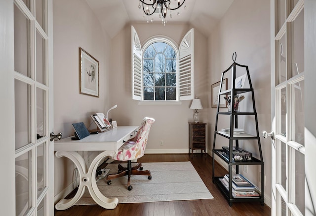 133 Brighton Close, Nashville, TN 37205 - office space with dark wood-type flooring, a chandelier, vaulted ceiling, baseboards, and french doors