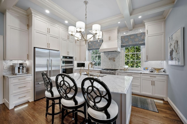 133 Brighton Close, Nashville, TN 37205 - kitchen featuring appliances with stainless steel finishes, a sink, an island with sink, dark wood-style floors, and recessed lighting