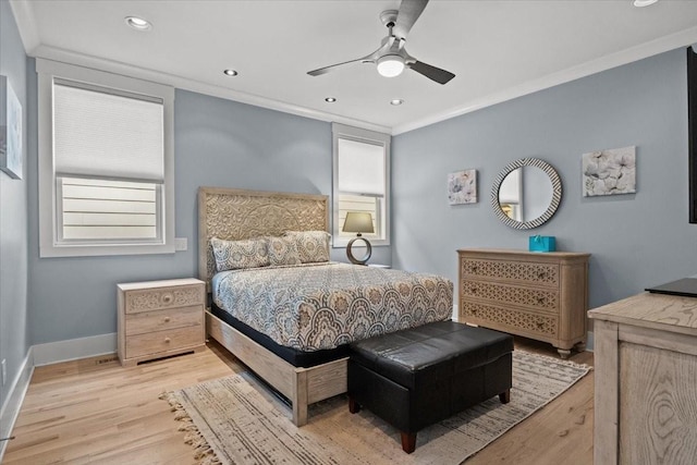 bedroom with light wood-style floors, baseboards, recessed lighting, a ceiling fan, and crown molding
