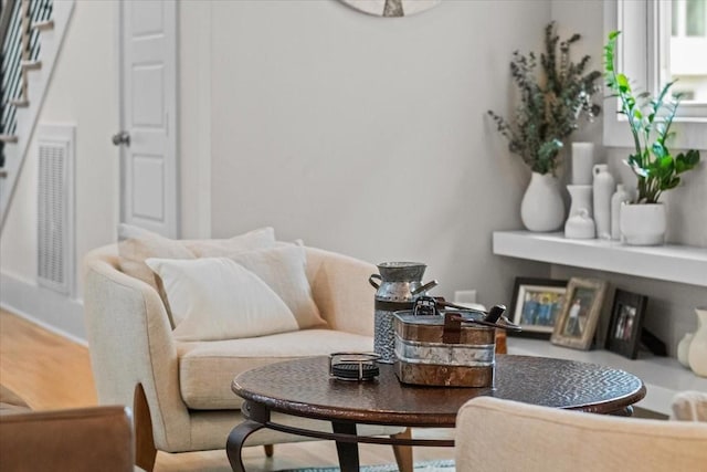 living area with stairs