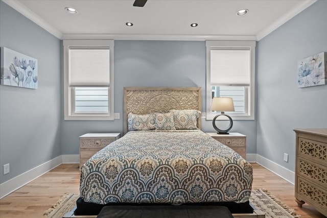 bedroom with ornamental molding, baseboards, light wood finished floors, recessed lighting, and ceiling fan