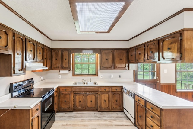 5245 Galen Rd, Lafayette, TN 37083 - kitchen with black / electric stove, exhaust hood, dishwasher, a peninsula, and light countertops