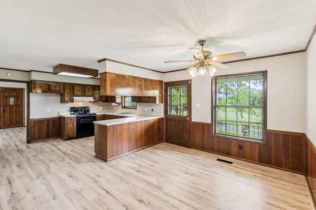 5245 Galen Rd, Lafayette, TN 37083 - kitchen with black electric range, a wainscoted wall, under cabinet range hood, a peninsula, and light countertops