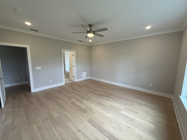 2301 Rockweather Ct, Murfreesboro, TN 37128 - empty room featuring a ceiling fan, light wood finished floors, crown molding, baseboards, and recessed lighting