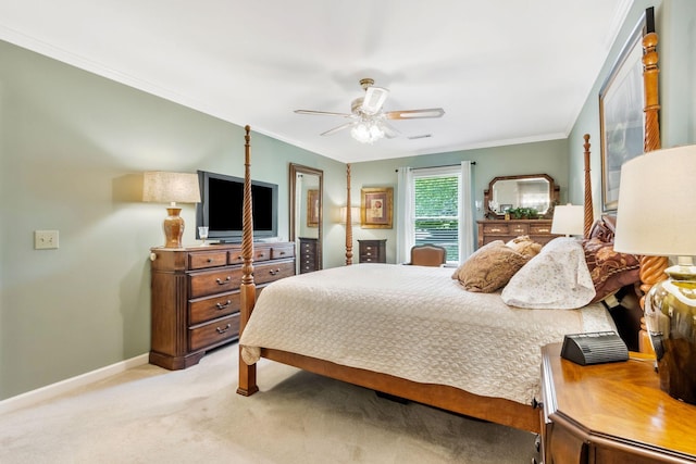 705 W Statue Ct, Franklin, TN 37067 - bedroom with light carpet, baseboards, ornamental molding, and ceiling fan