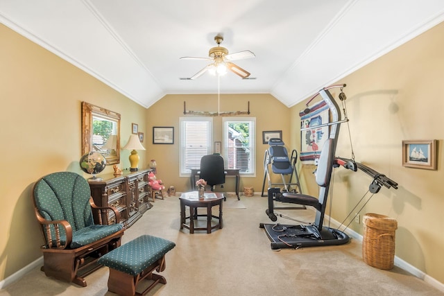 705 W Statue Ct, Franklin, TN 37067 - exercise room with ceiling fan, carpet floors, healthy amount of natural light, vaulted ceiling, and baseboards