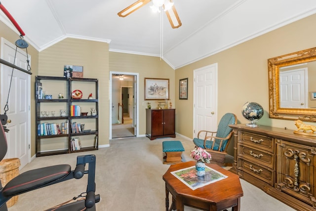 705 W Statue Ct, Franklin, TN 37067 - living area with vaulted ceiling, light colored carpet, a ceiling fan, ornamental molding, and baseboards