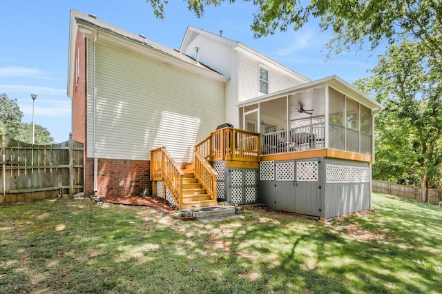 705 W Statue Ct, Franklin, TN 37067 - rear view of property featuring a sunroom, stairway, ceiling fan, and a deck