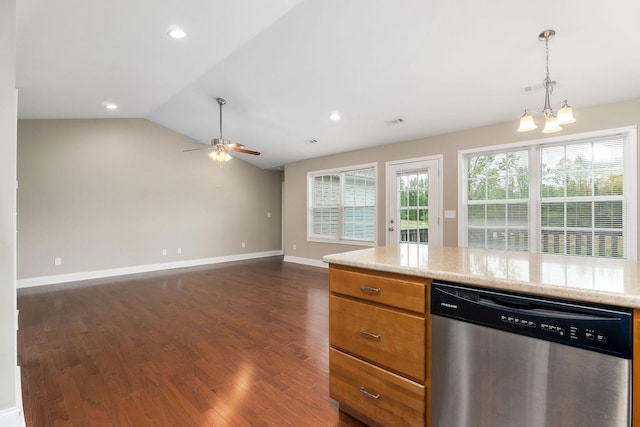 1643 Bobby Nichols Dr, Cookeville, TN 38506 - kitchen with dishwasher, dark wood finished floors, a chandelier, ceiling fan, and brown cabinetry