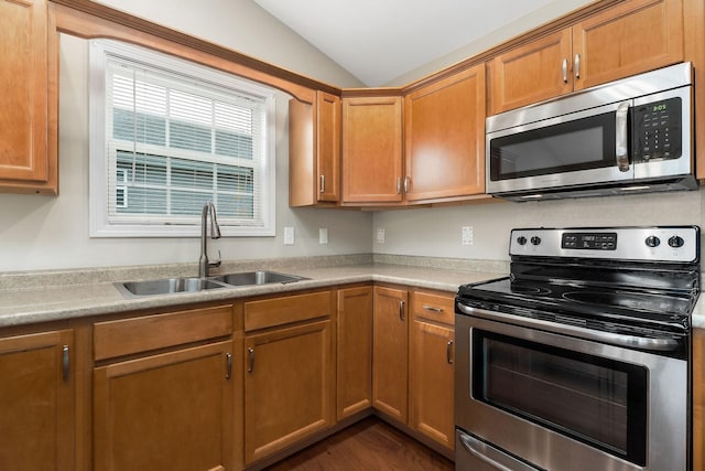 1643 Bobby Nichols Dr, Cookeville, TN 38506 - kitchen featuring appliances with stainless steel finishes, a sink, vaulted ceiling, light countertops, and dark wood-type flooring
