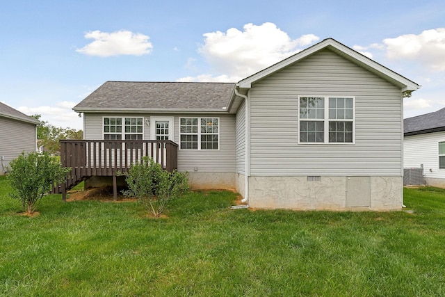 1643 Bobby Nichols Dr, Cookeville, TN 38506 - back of house with a wooden deck, a lawn, and central AC unit