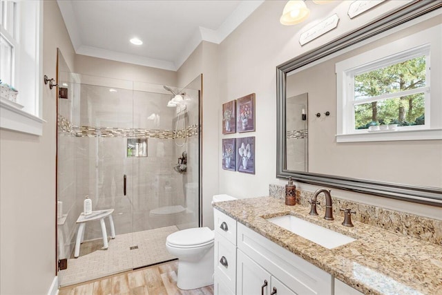 510 Lookout View Dr Unit Rb-177, Jasper, TN 37347 - full bathroom featuring toilet, a stall shower, wood finished floors, vanity, and crown molding