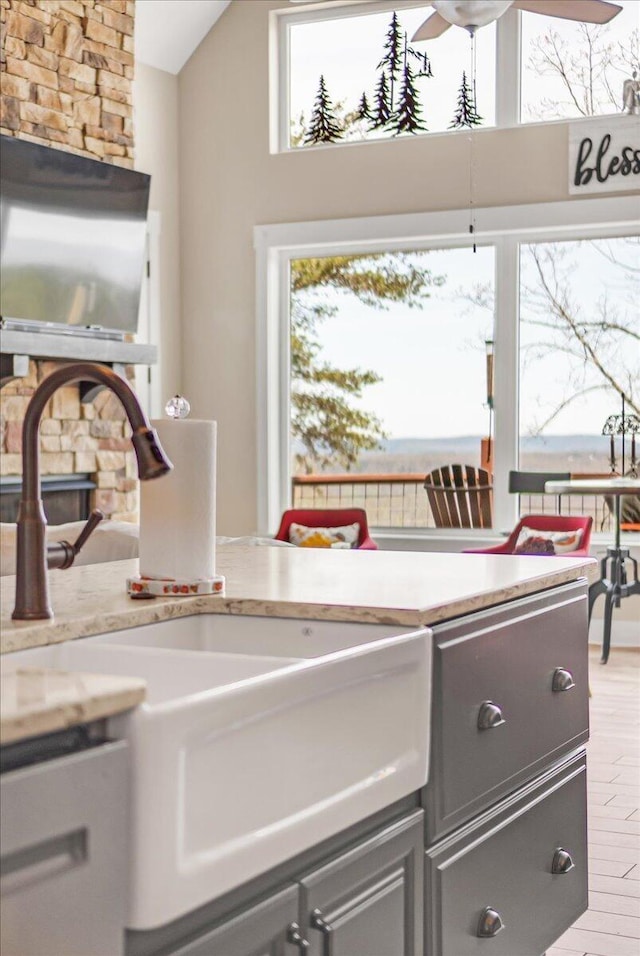 510 Lookout View Dr Unit Rb-177, Jasper, TN 37347 - kitchen featuring gray cabinetry, a sink, light countertops, and high vaulted ceiling