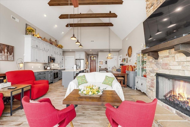 510 Lookout View Dr Unit Rb-177, Jasper, TN 37347 - living area with high vaulted ceiling, beam ceiling, light wood-style flooring, and a stone fireplace