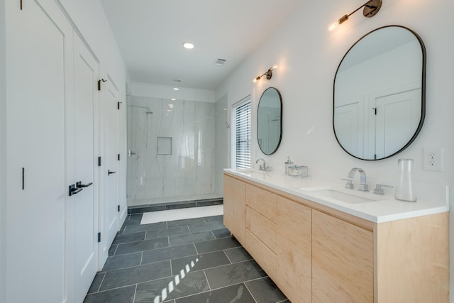 84 Judd Ln, Lancaster, TN 38569 - full bathroom with a marble finish shower, tile patterned floors, recessed lighting, and double vanity