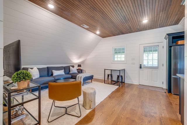 84 Judd Ln, Lancaster, TN 38569 - living area featuring wooden ceiling, wood finished floors, vaulted ceiling, and recessed lighting