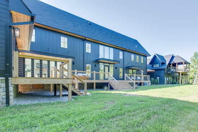 84 Judd Ln, Lancaster, TN 38569 - back of house featuring board and batten siding, roof with shingles, stairs, a lawn, and a wooden deck