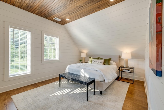 84 Judd Ln, Lancaster, TN 38569 - bedroom featuring wooden ceiling, vaulted ceiling, wood finished floors, wooden walls, and recessed lighting