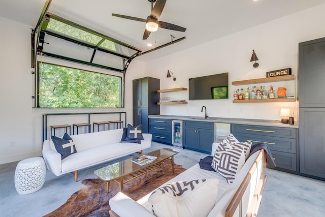 84 Judd Ln, Lancaster, TN 38569 - living area with beverage cooler, wet bar, and a ceiling fan