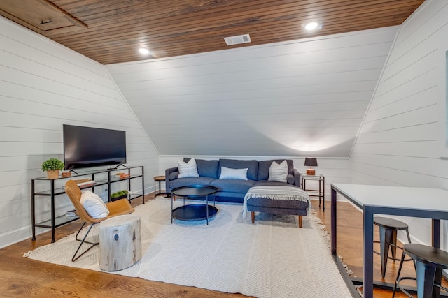 84 Judd Ln, Lancaster, TN 38569 - living room featuring wooden ceiling, vaulted ceiling, wood walls, wood finished floors, and baseboards