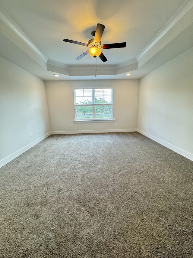 7639 Rookers Bend Dr, Smyrna, TN 37167 - spare room featuring a tray ceiling, ornamental molding, a ceiling fan, baseboards, and carpet flooring