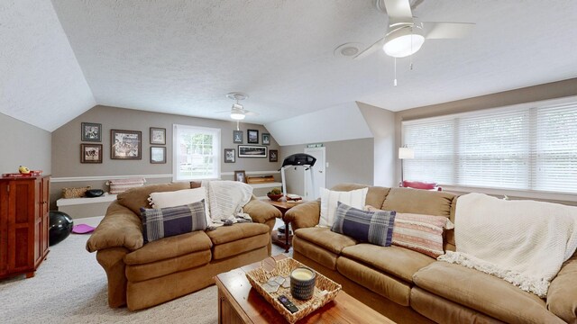152 Bluegrass Dr, Hendersonville, TN 37075 - living room featuring a ceiling fan, lofted ceiling, a textured ceiling, and light carpet