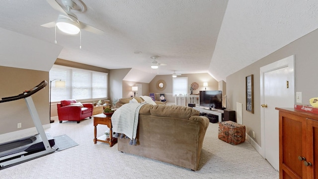 152 Bluegrass Dr, Hendersonville, TN 37075 - living area with a ceiling fan, a textured ceiling, lofted ceiling, healthy amount of natural light, and light colored carpet