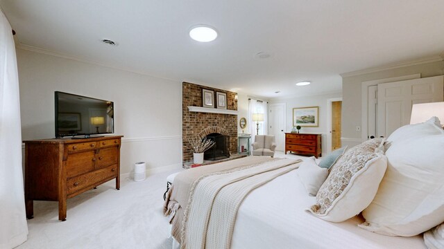 152 Bluegrass Dr, Hendersonville, TN 37075 - bedroom featuring light colored carpet, ornamental molding, and a brick fireplace