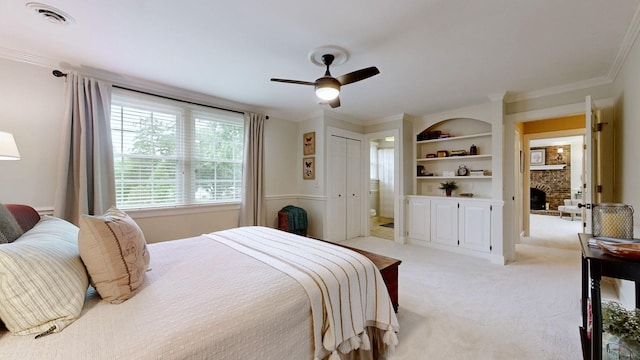 152 Bluegrass Dr, Hendersonville, TN 37075 - bedroom featuring light colored carpet, a fireplace, crown molding, and a ceiling fan