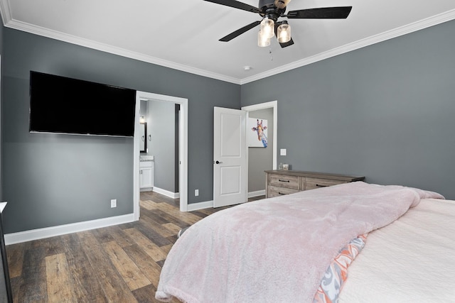 bedroom featuring wood finished floors, ornamental molding, baseboards, and a ceiling fan