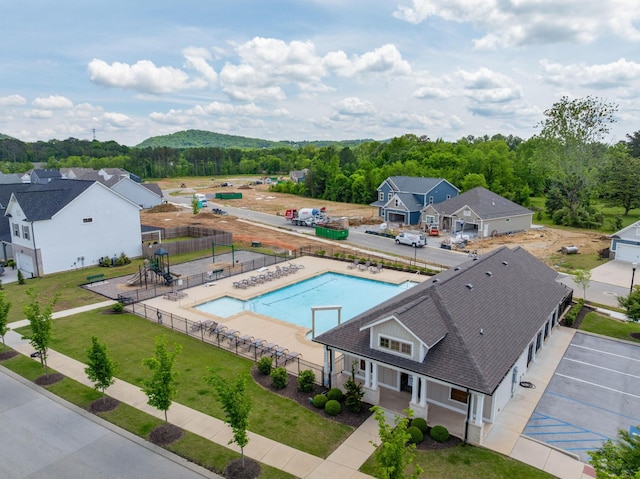 aerial view of a pool area