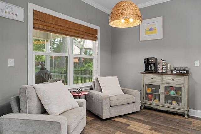sitting room featuring dark wood-type flooring and ornamental molding