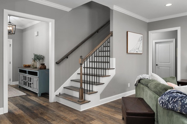 stairs featuring wood finished floors, ornamental molding, baseboards, and recessed lighting