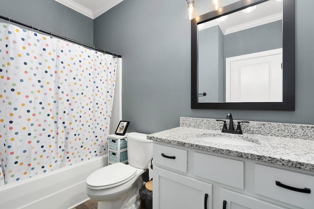 full bath featuring ornamental molding, vanity, toilet, and shower / bathtub combination with curtain