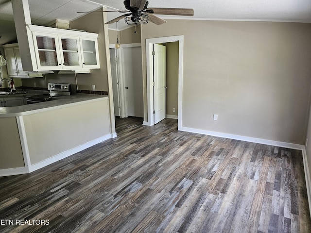 277 Coolidge Rd, La Follette, TN 37766 - kitchen featuring stainless steel range with electric stovetop, ceiling fan, dark wood-style floors, glass insert cabinets, and white cabinets