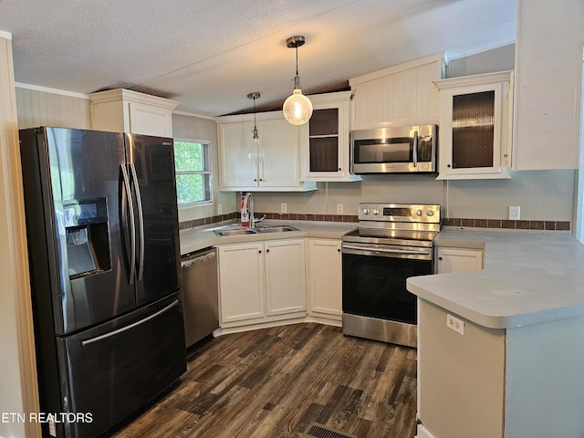 277 Coolidge Rd, La Follette, TN 37766 - kitchen with appliances with stainless steel finishes, dark wood-style flooring, pendant lighting, glass insert cabinets, and white cabinetry