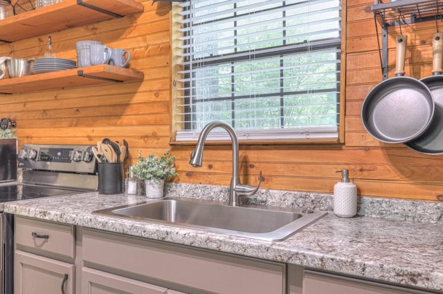 kitchen view of electric range, a sink, and wooden walls