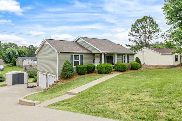ranch-style house featuring an attached garage, a front yard, and roof with shingles