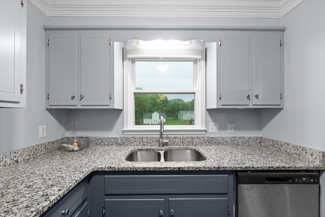 716 Ashwood Dr, Clarksville, TN 37043 - kitchen with dishwasher, a sink, gray cabinets, light stone countertops, and ornamental molding