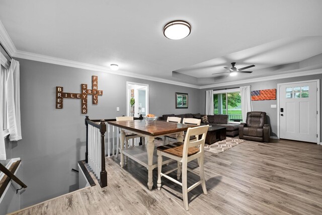 716 Ashwood Dr, Clarksville, TN 37043 - dining room with light wood-style floors, crown molding, ceiling fan, and baseboards