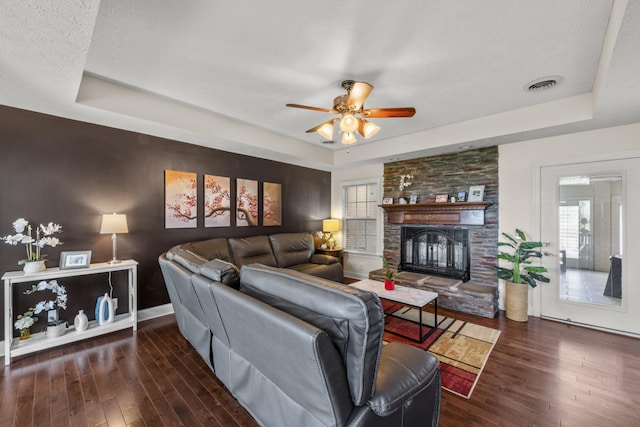 4484 N Pinson Rd, Portland, TN 37148 - living area with a raised ceiling, hardwood / wood-style floors, ceiling fan, and a fireplace