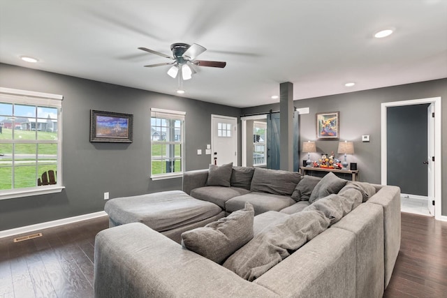 145 Diane Loop, White Bluff, TN 37187 - living room featuring baseboards, a ceiling fan, recessed lighting, dark wood-style floors, and a barn door