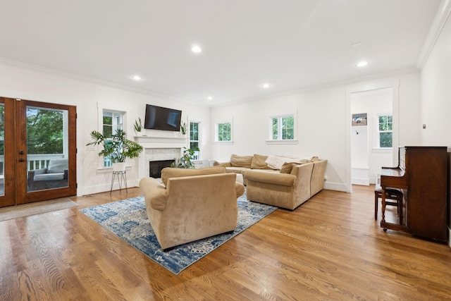 living area featuring ornamental molding, a fireplace, wood finished floors, recessed lighting, and french doors