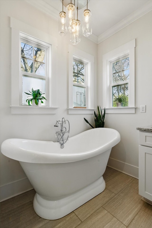 full bathroom featuring baseboards, a freestanding bath, vanity, wood finished floors, and ornamental molding