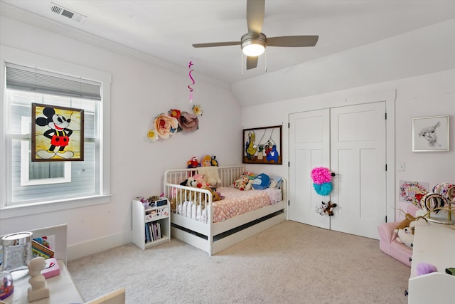 bedroom featuring carpet, ceiling fan, and lofted ceiling