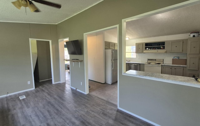 525527 Shady Grove Rd, Sequatchie, TN 37374 - kitchen featuring white appliances, a textured ceiling, a ceiling fan, dark wood-type flooring, and open shelves