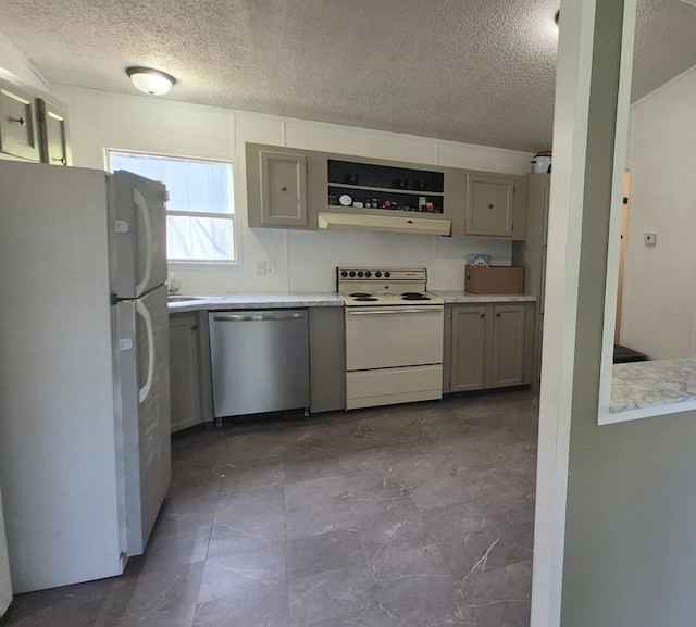 525527 Shady Grove Rd, Sequatchie, TN 37374 - kitchen with white appliances, a textured ceiling, light countertops, gray cabinetry, and open shelves