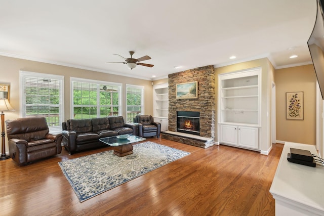2041 Valley Brook Dr, Brentwood, TN 37027 - living area featuring ceiling fan, a fireplace, wood finished floors, crown molding, and recessed lighting