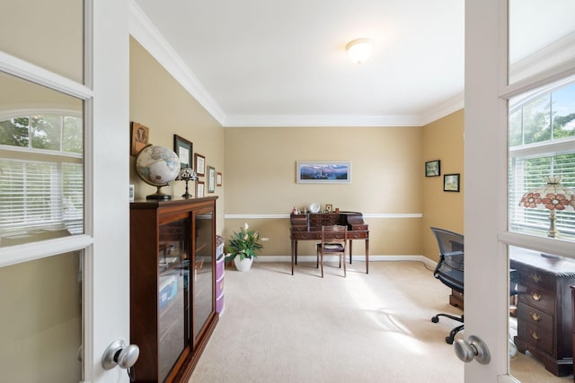 2041 Valley Brook Dr, Brentwood, TN 37027 - office area featuring ornamental molding, light carpet, and baseboards